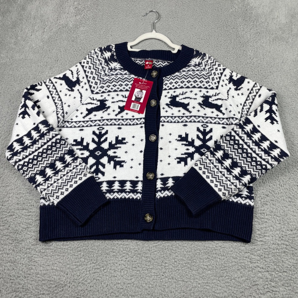 Christmas Reversible Fair Isle Holiday Cardigan Sweater Womens XL‎ Blue NEW